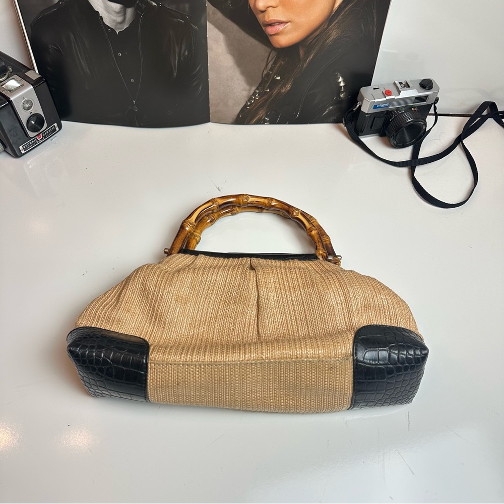 LOFT Tan and Black Shoulder Bag with Bamboo Handle